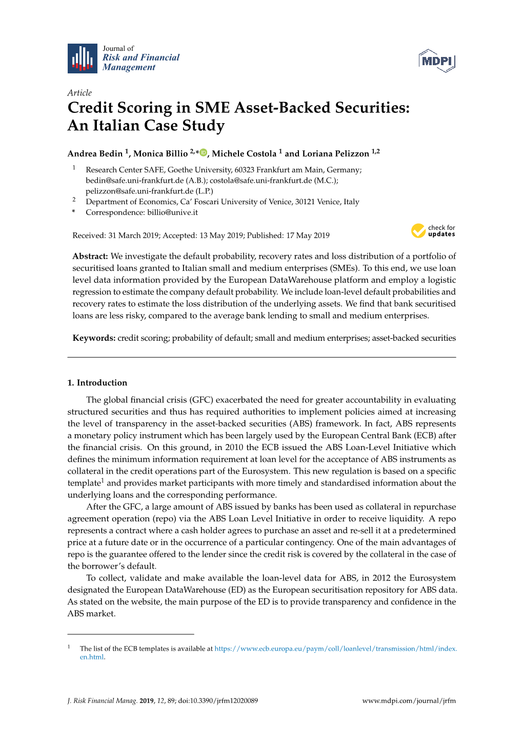 Credit Scoring in SME Asset-Backed Securities: an Italian Case Study