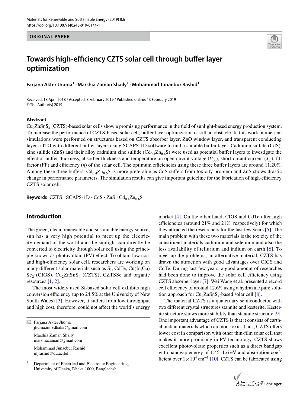 Towards High-Efficiency CZTS Solar Cell Through Buffer Layer Optimization