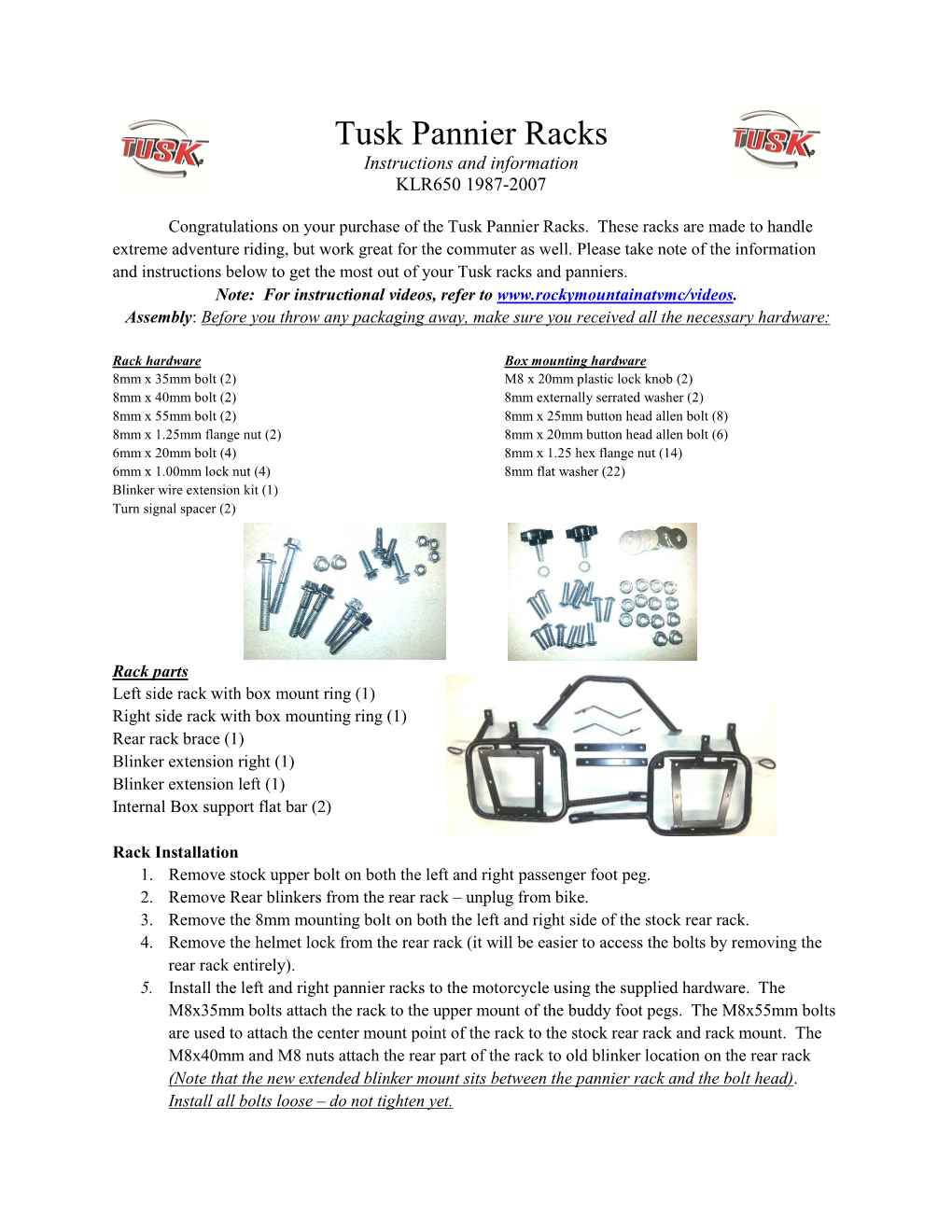 Tusk Pannier Racks Instructions and Information KLR650 1987-2007
