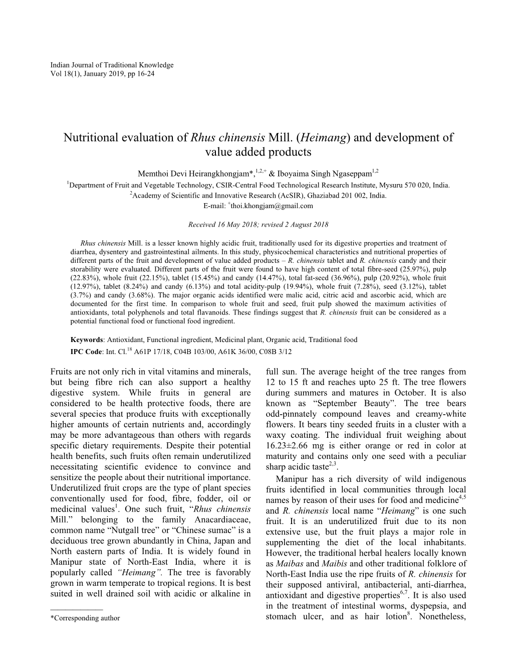 Nutritional Evaluation of Rhus Chinensis Mill. (Heimang) and Development of Value Added Products