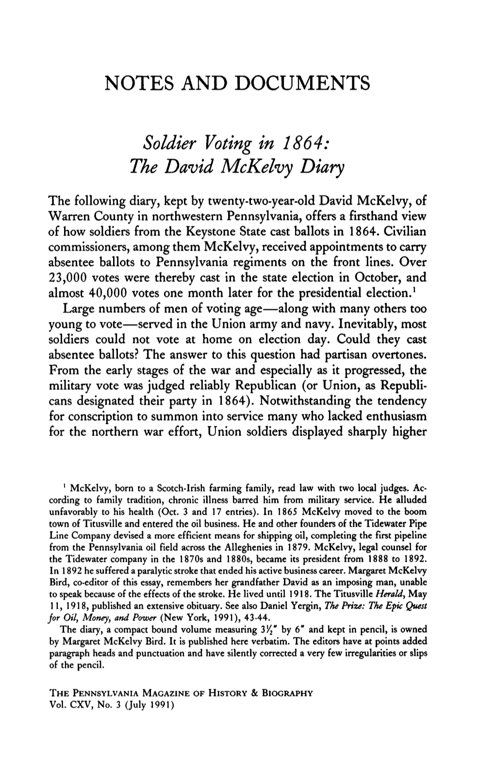 NOTES and DOCUMENTS Soldier Voting in 1864: the David Mckelvy Diary