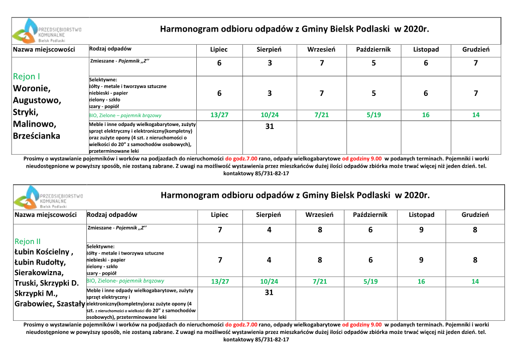 Harmonogram Odbioru Odpadów Z Gminy Bielsk Podlaski W 2020R