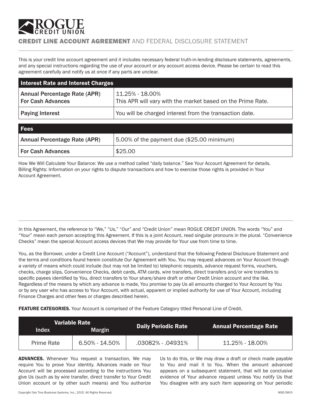 Credit Line Account Agreement and Federal Disclosure Statement