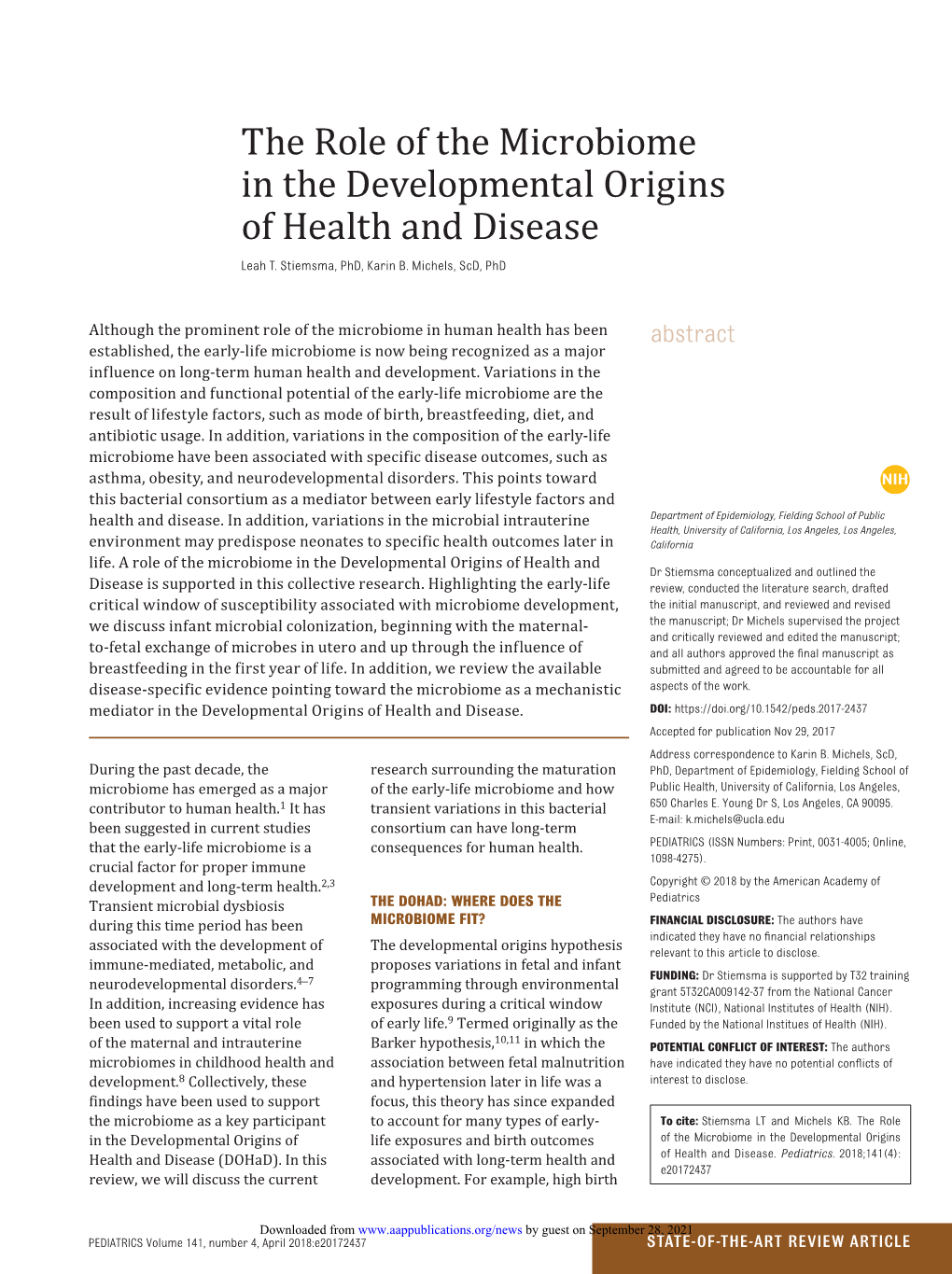 The Role of the Microbiome in the Developmental Origins of Health and Disease Leah T