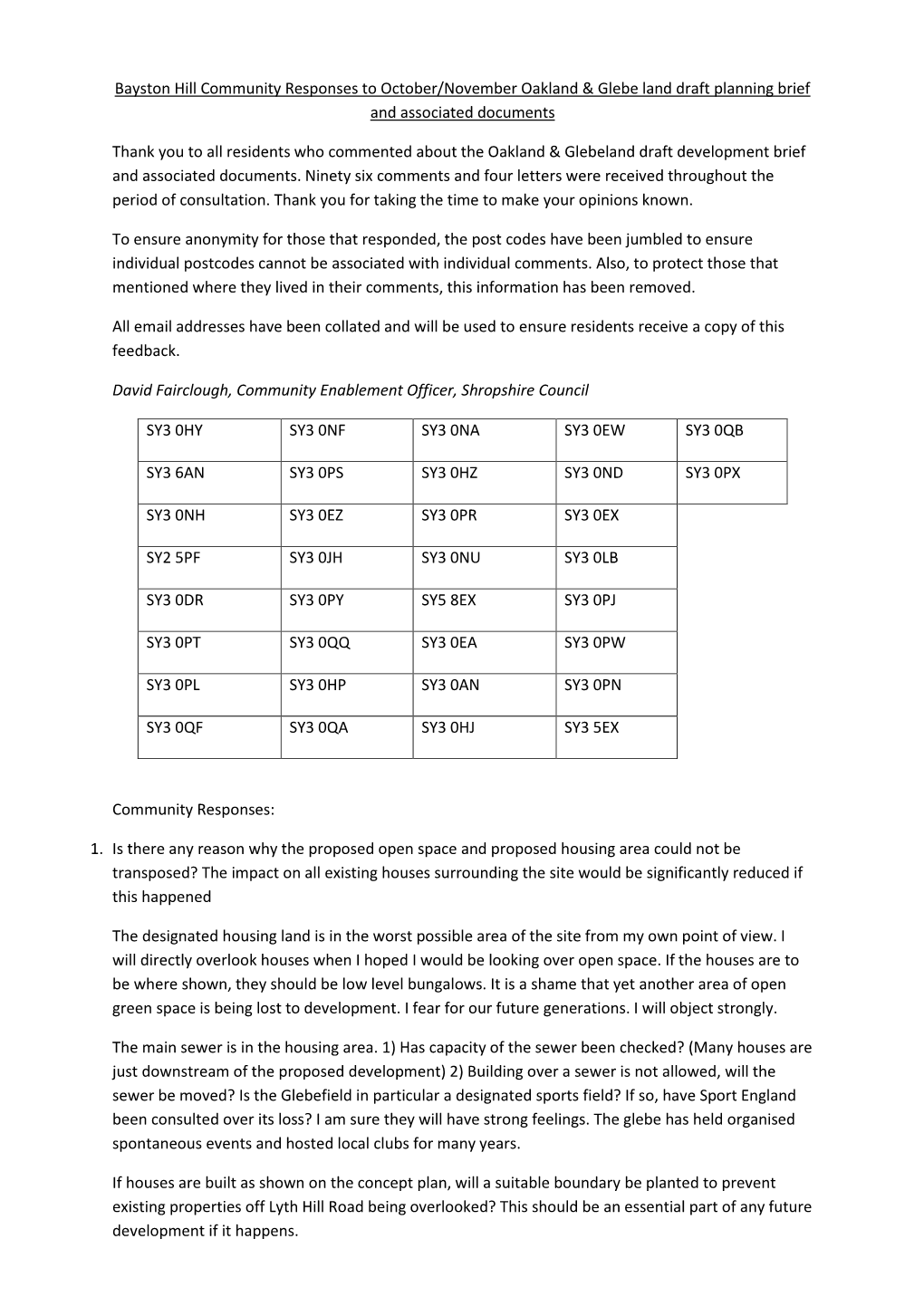 Bayston Hill Community Responses to October/November Oakland & Glebe Land Draft Planning Brief and Associated Documents