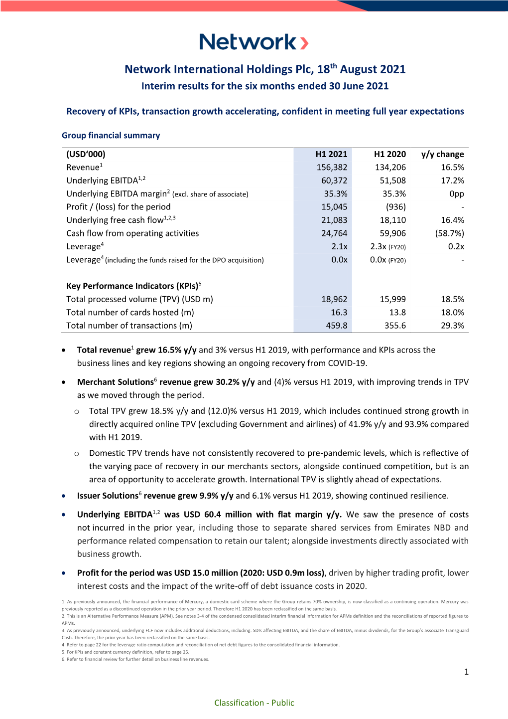 Network International Holdings Plc, 18Th August 2021 Interim Results for the Six Months Ended 30 June 2021