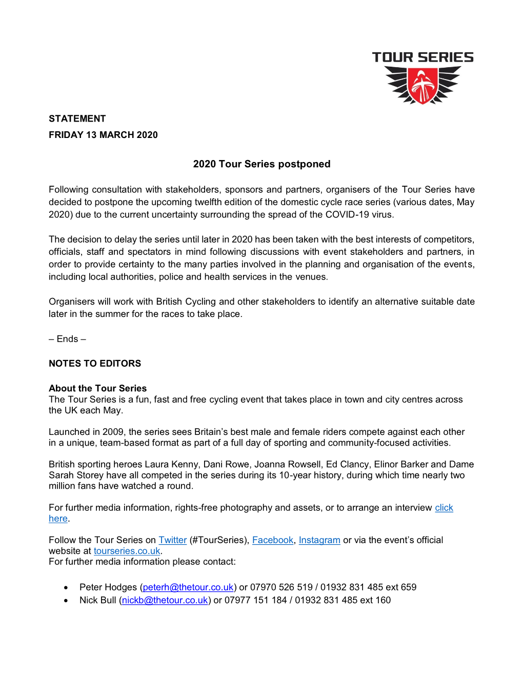 2020 Tour Series Postponed