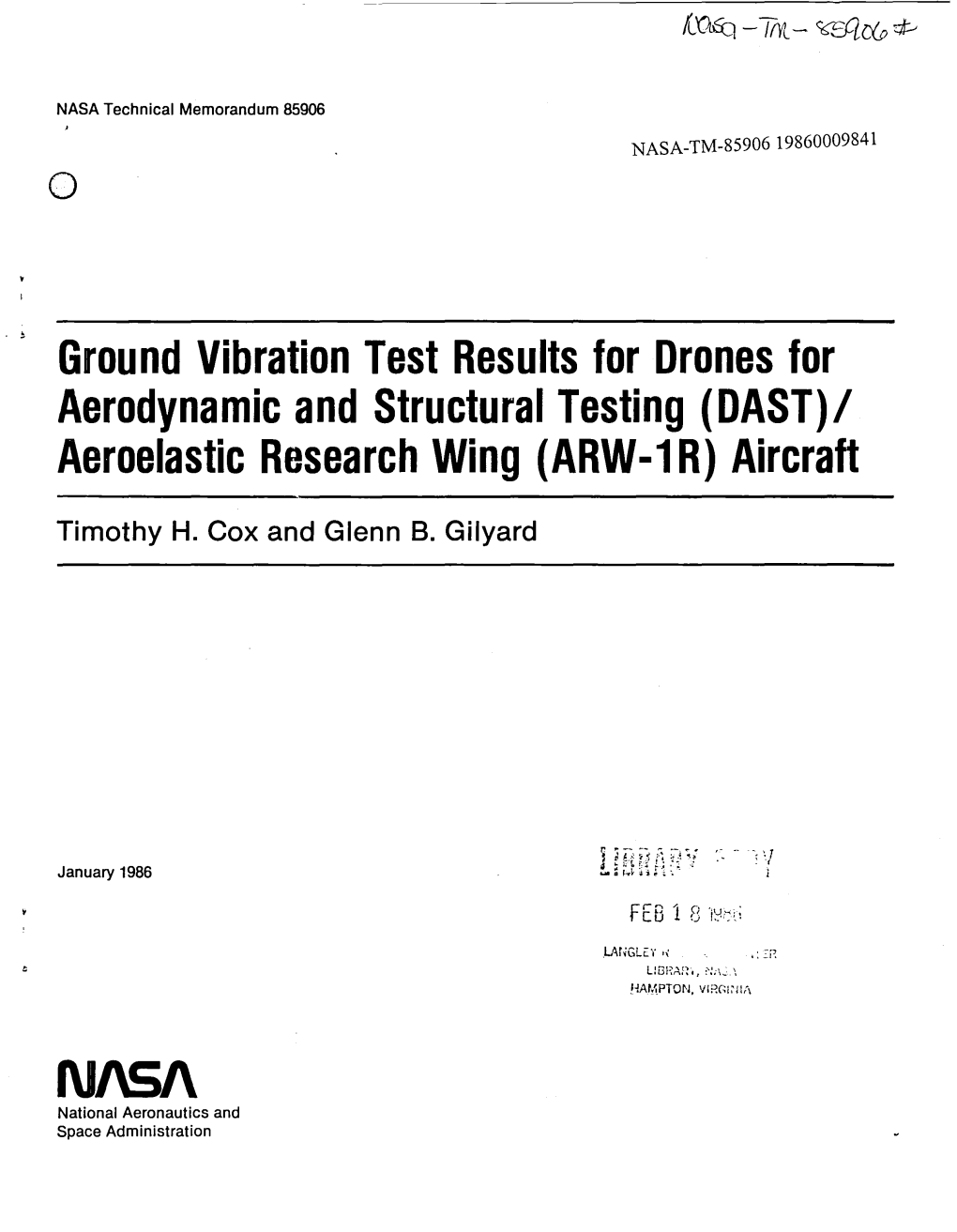 NI\SI\ National Aeronautics and Space Administration 3 1176 00191 8177 NASA Technical Memorandum 85906