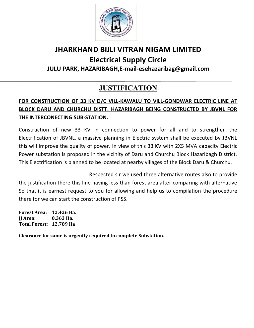 JHARKHAND BIJLI VITRAN NIGAM LIMITED Electrical Supply Circle JULU PARK, HAZARIBAGH,E‐Mail‐Esehazaribag@Gmail.Com