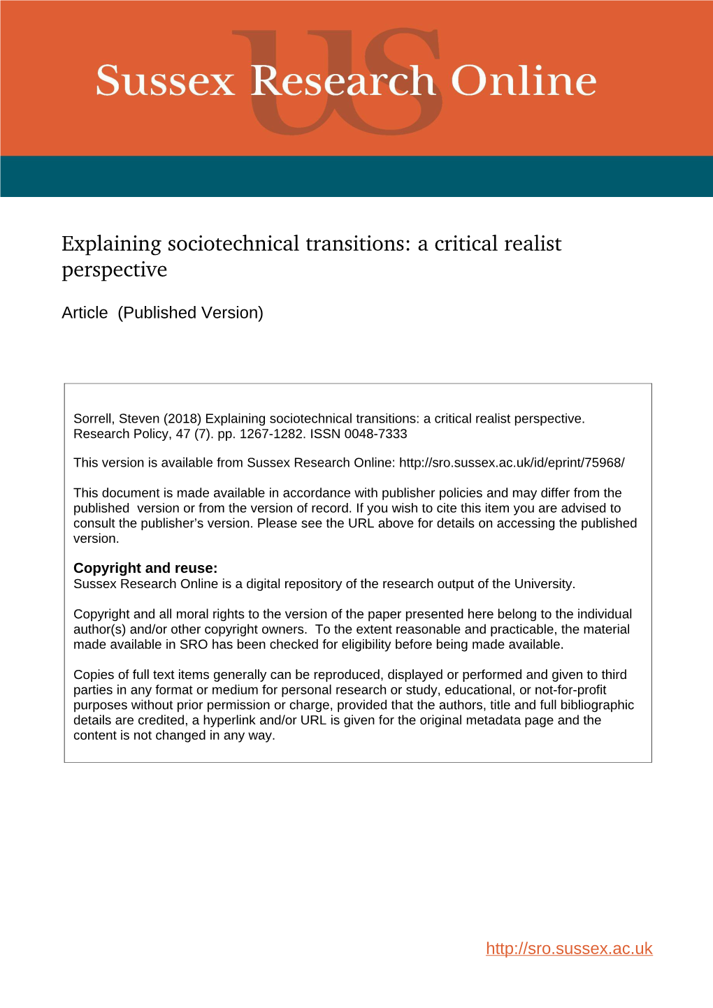 Explaining Sociotechnical Transitions a Critical Realist Perspective