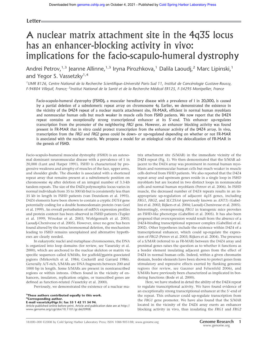 Implications for the Facio-Scapulo-Humeral Dystrophy