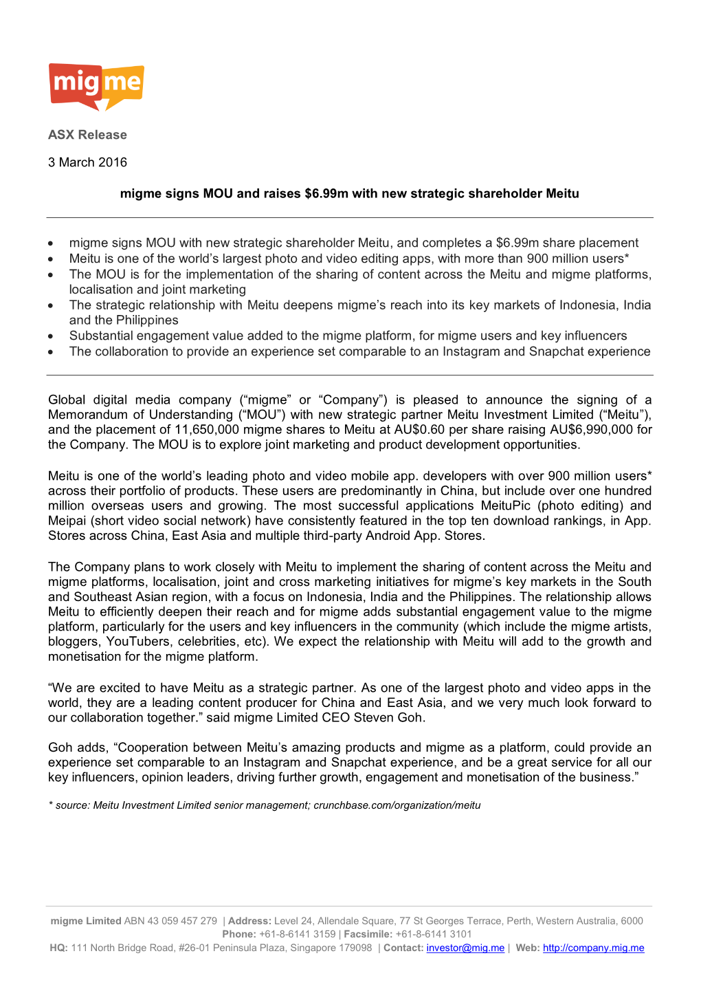 ASX Release 3 March 2016 Migme Signs MOU and Raises $6.99M With