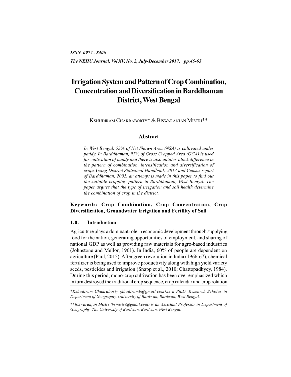 Irrigation System and Pattern of Crop Combination, Concentration and Diversificationin Barddhaman District, West Bengal