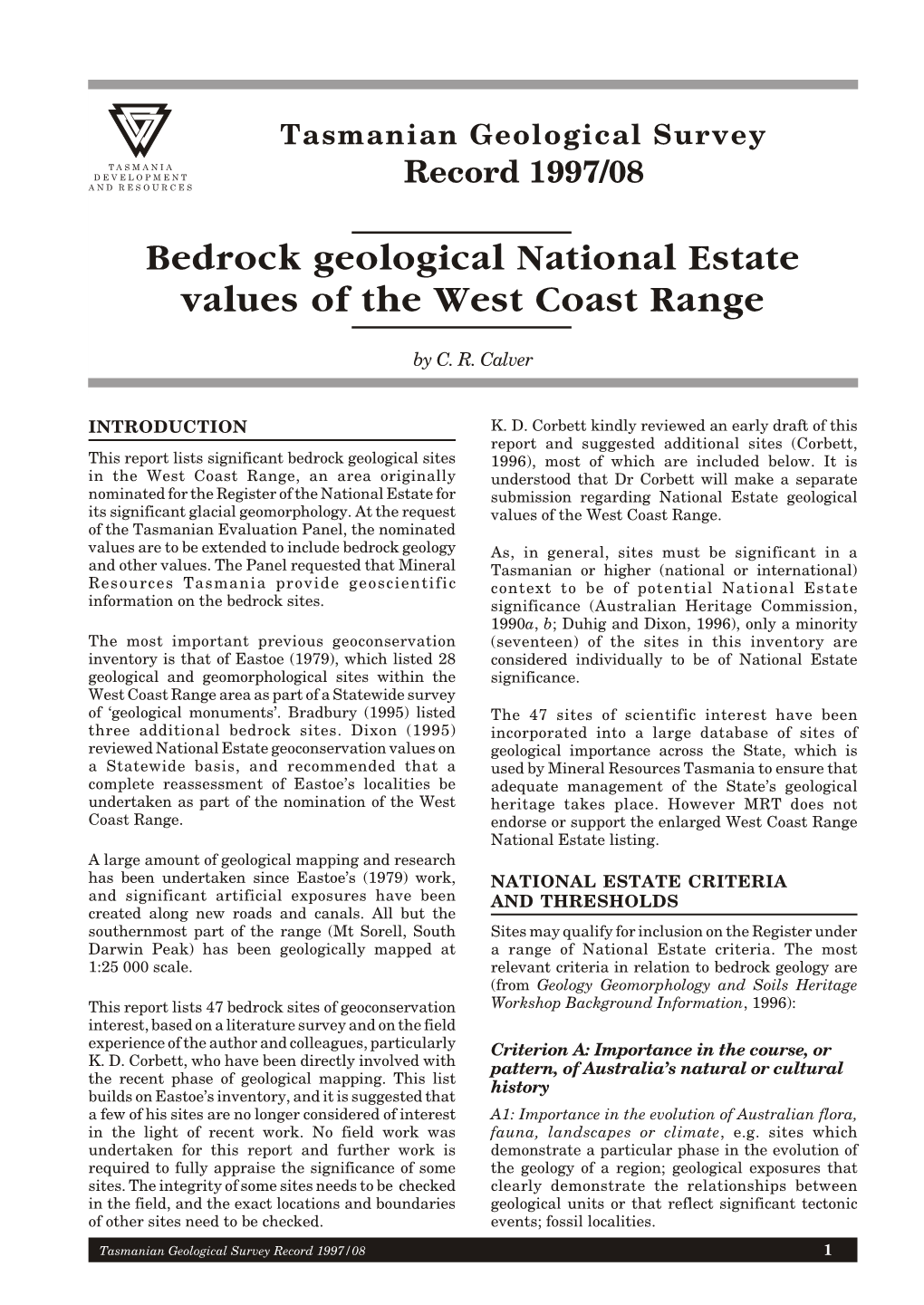 Bedrock Geological National Estate Values of the West Coast Range