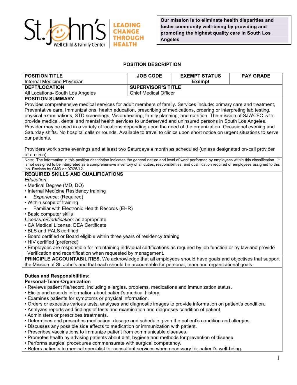 POSITION DESCRIPTION POSITION TITLE Internal Medicine Physician