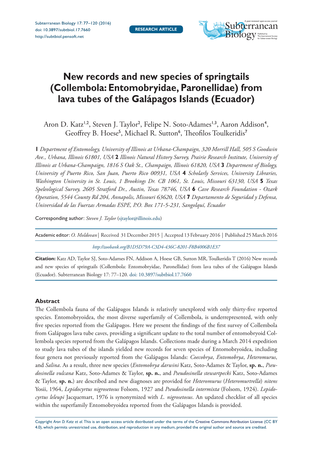Collembola: Entomobryidae, Paronellidae) from Lava Tubes of the Galápagos Islands (Ecuador
