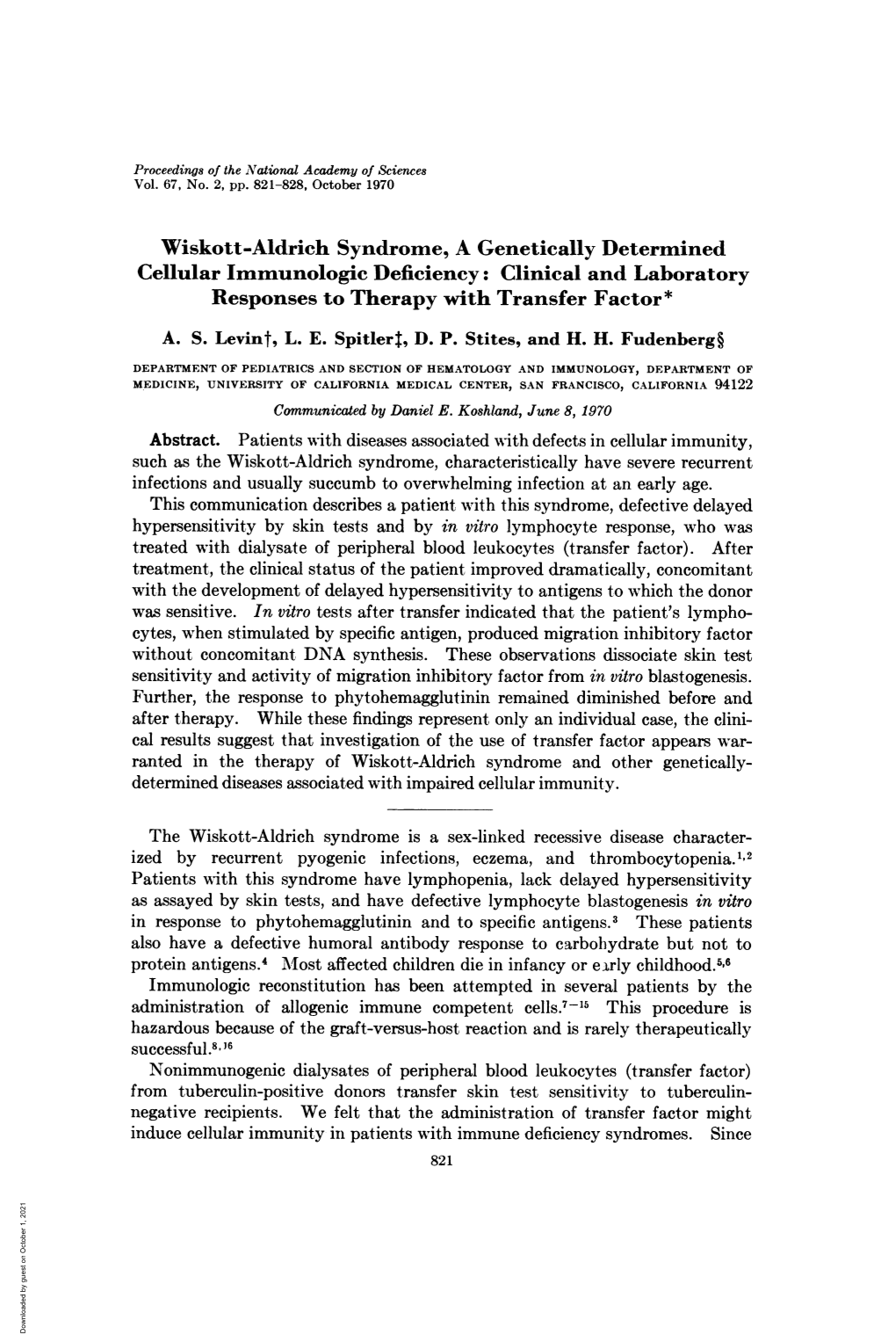 Wiskott-Aldrich Syndrome, a Genetically Determined Cellular Immunologic Deficiency: Clinical and Laboratory Responses to Therapy with Transfer Factor* A