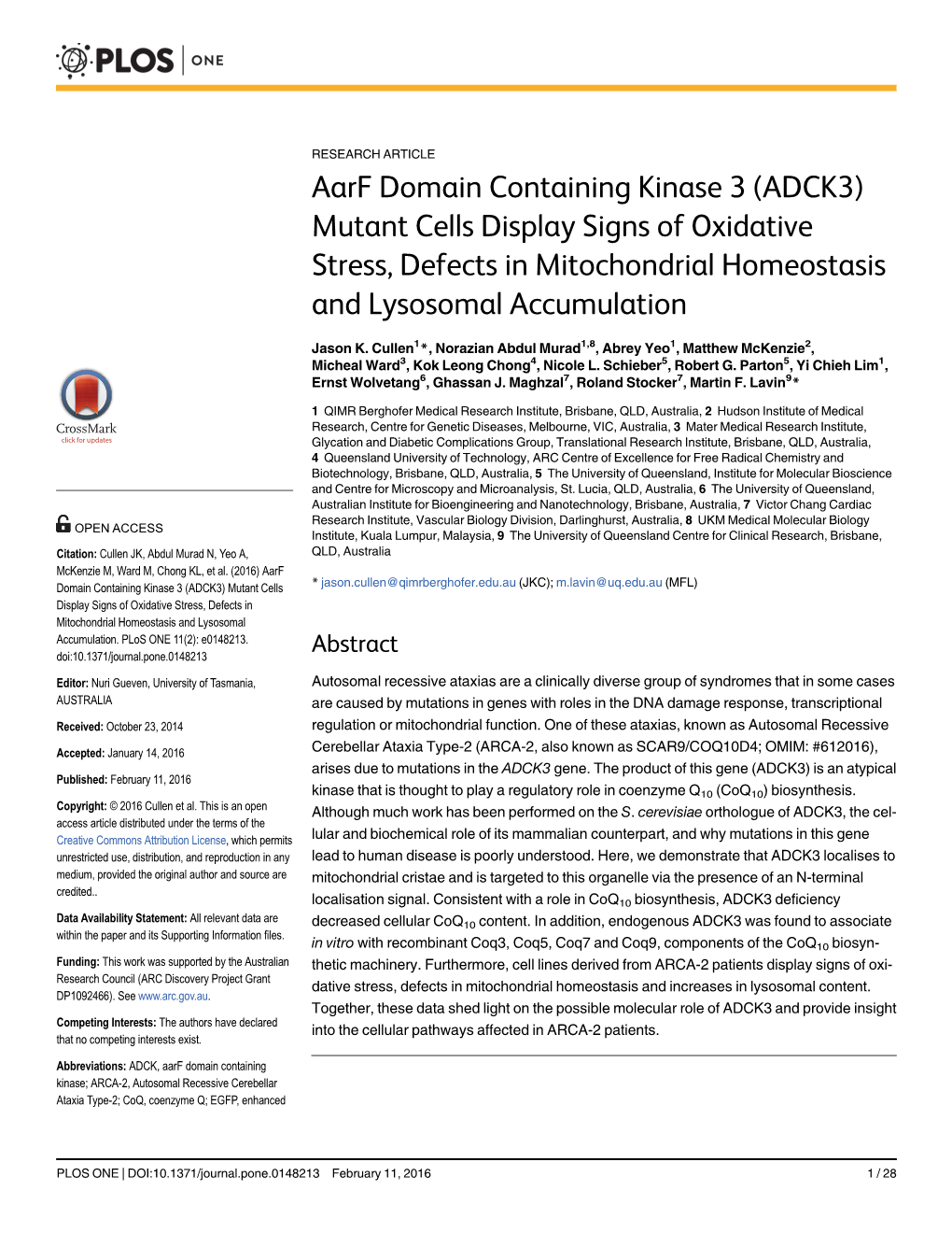 (ADCK3) Mutant Cells Display Signs of Oxidative Stress, Defects in Mitochondrial Homeostasis and Lysosomal Accumulation