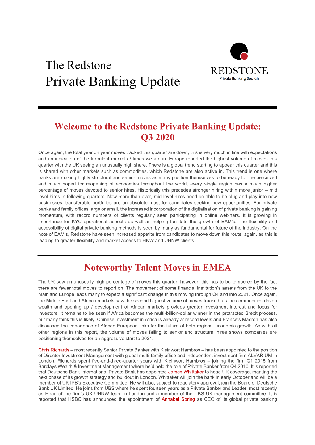 Redstone Private Banking Update Q3 2020
