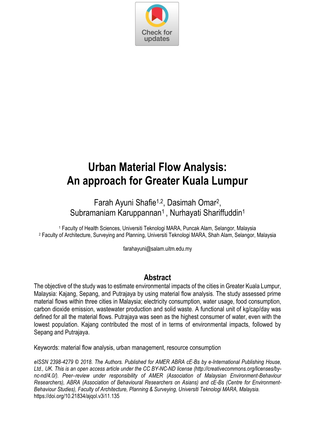 Urban Material Flow Analysis: an Approach for Greater Kuala Lumpur