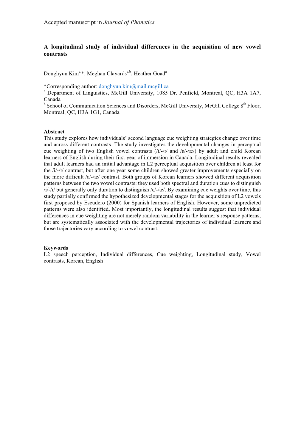 Accepted Manuscript in Journal of Phonetics a Longitudinal Study Of