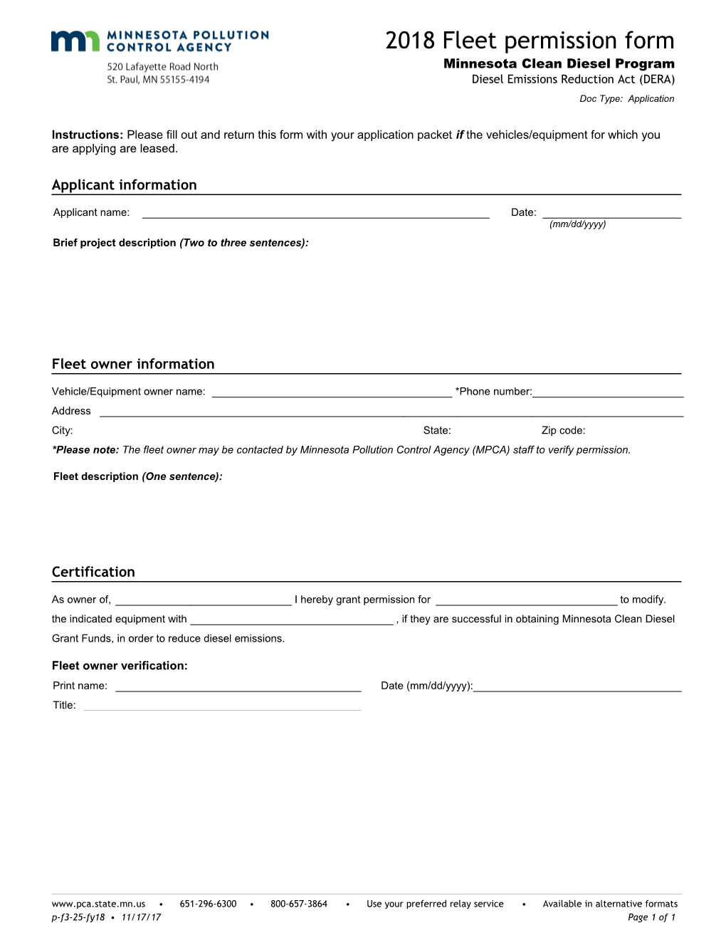 2018 Fleet Permission Form - Minnesota Clean Diesel Grant Program - Diesel Emissions Reduction