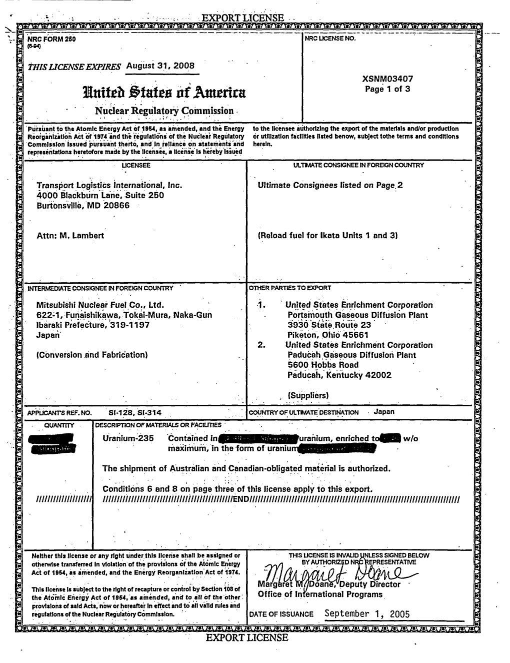 XSNM03407 Export License Issued