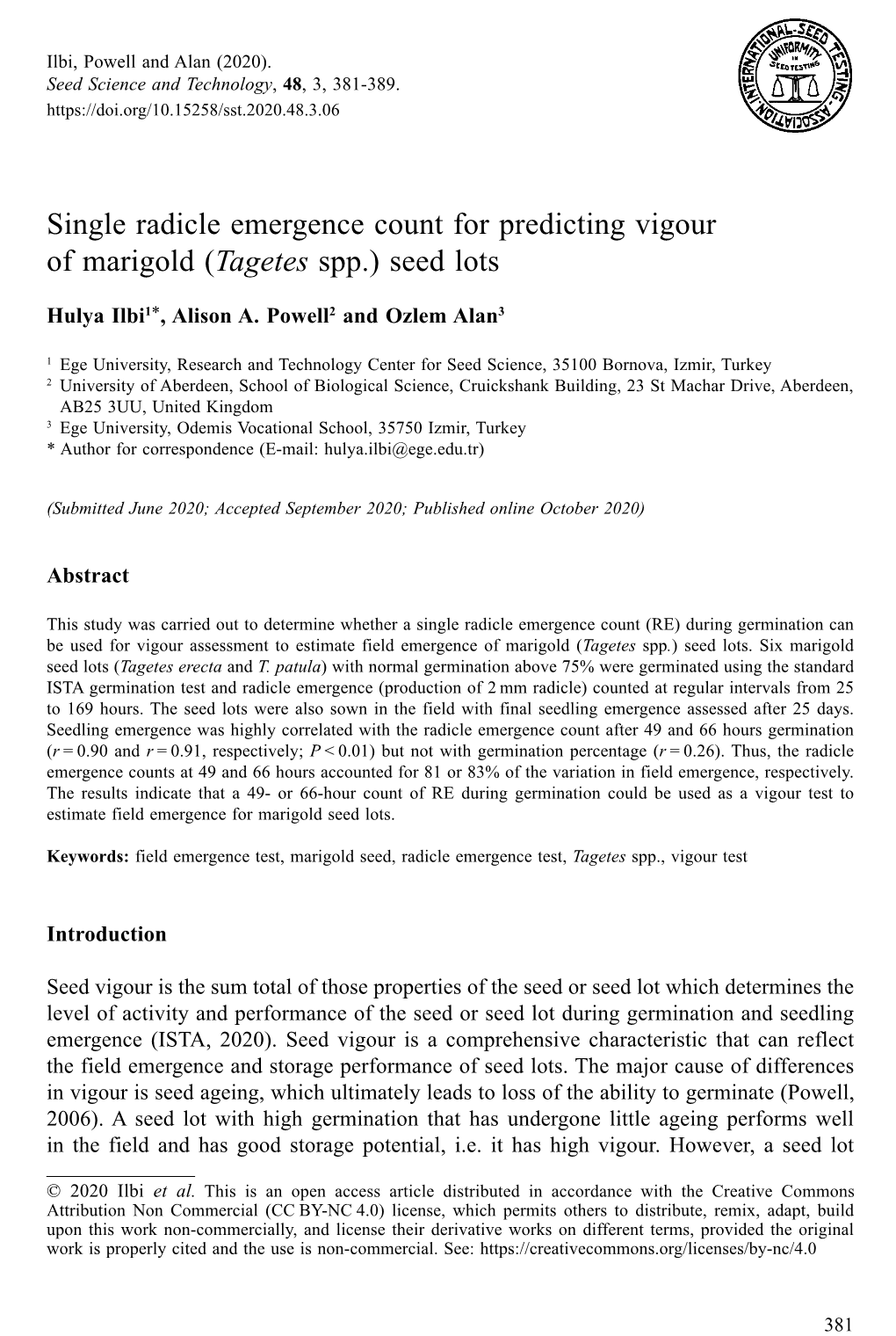 Single Radicle Emergence Count for Predicting Vigour of Marigold (&lt;I