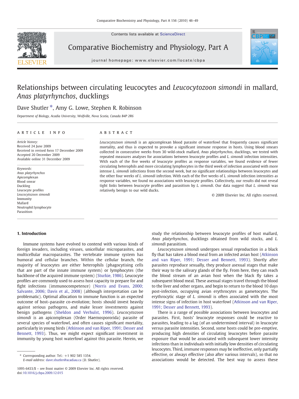 Relationships Between Circulating Leucocytes and Leucocytozoon Simondi in Mallard, Anas Platyrhynchos, Ducklings