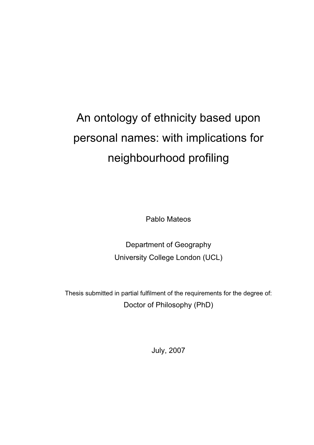 An Ontology of Ethnicity Based Upon Personal Names with Implications