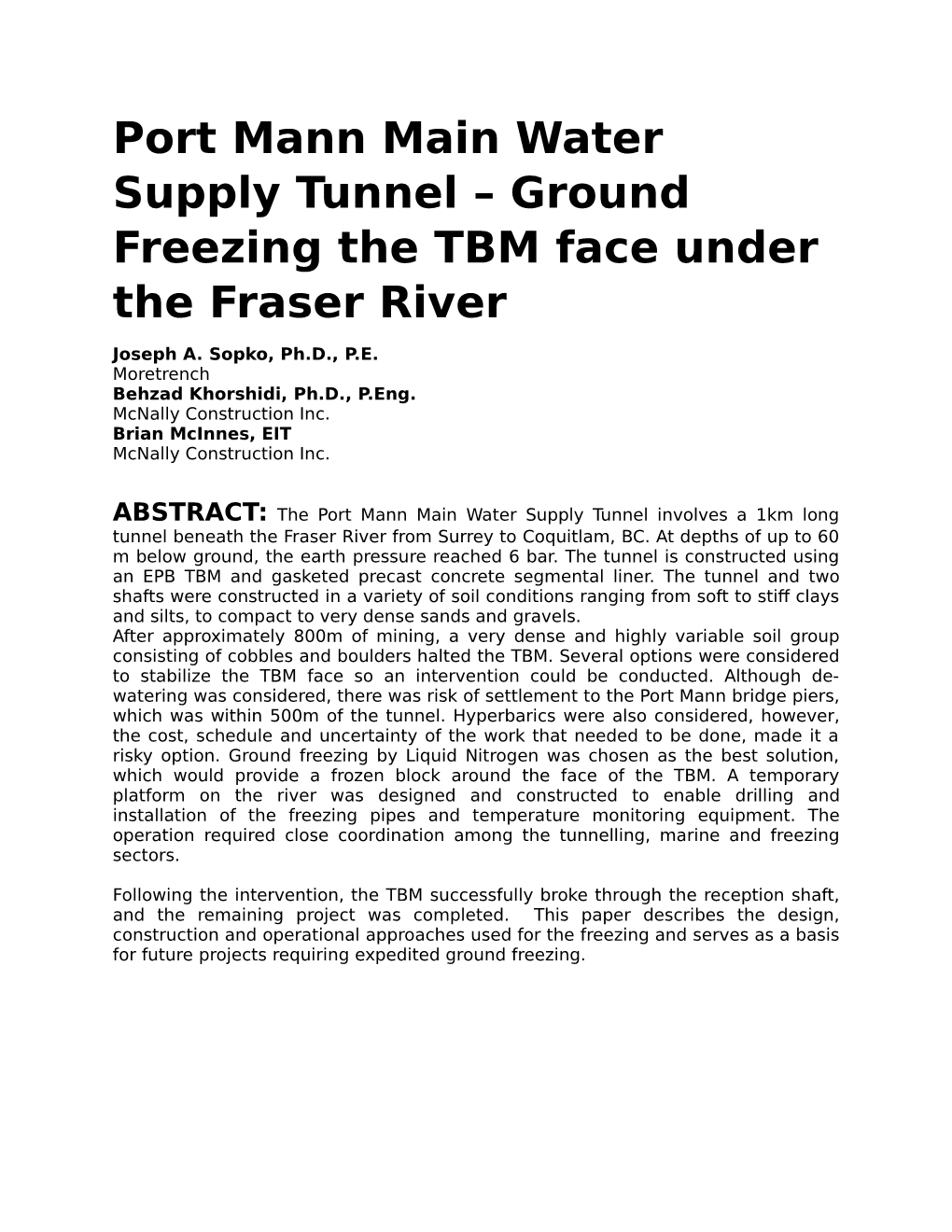 Port Mann Main Water Supply Tunnel – Ground Freezing the TBM Face Under the Fraser River