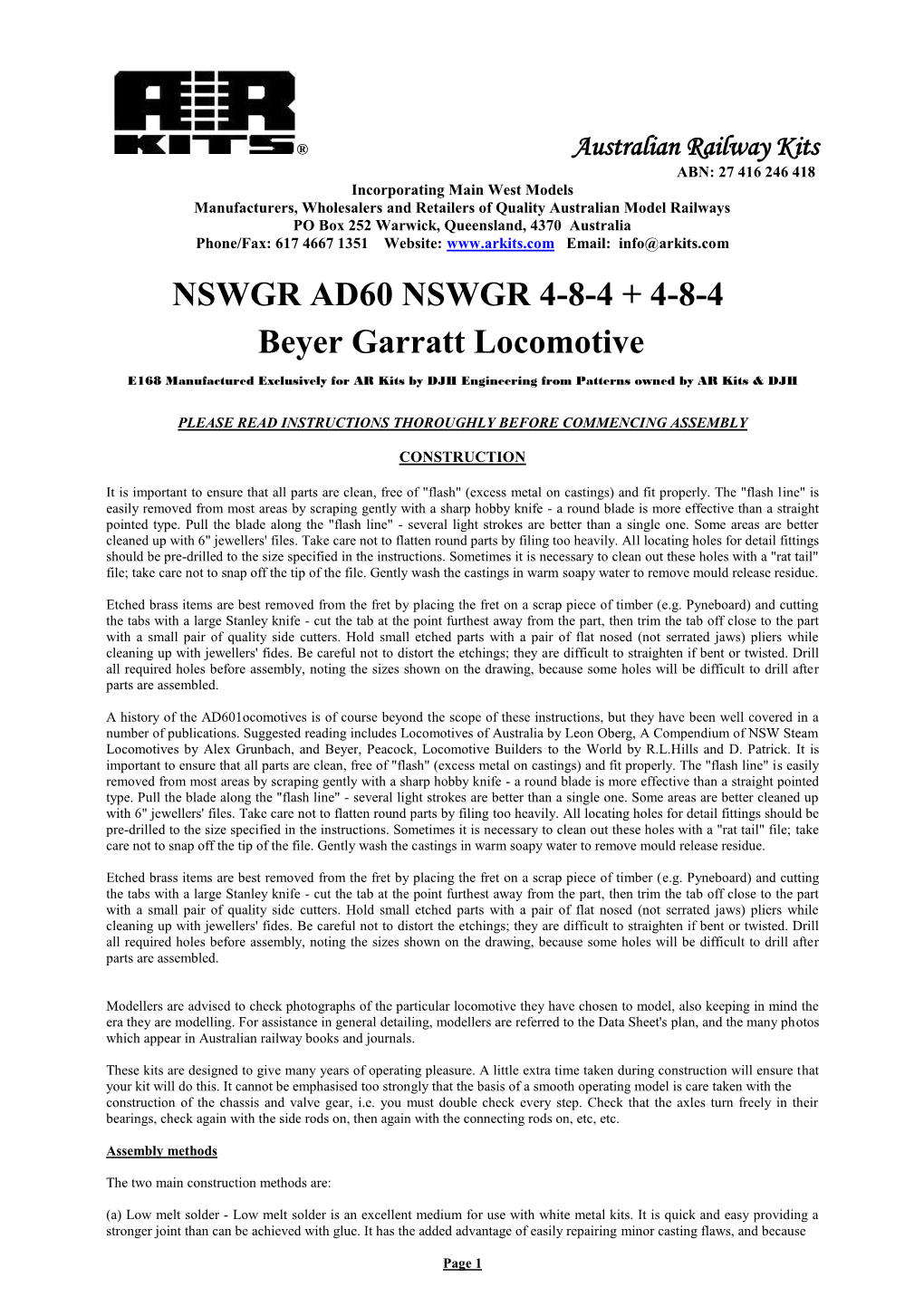 NSWGR AD60 NSWGR 4-8-4 + 4-8-4 Beyer Garratt Locomotive E168 Manufactured Exclusively for AR Kits by DJH Engineering from Patterns Owned by AR Kits & DJH