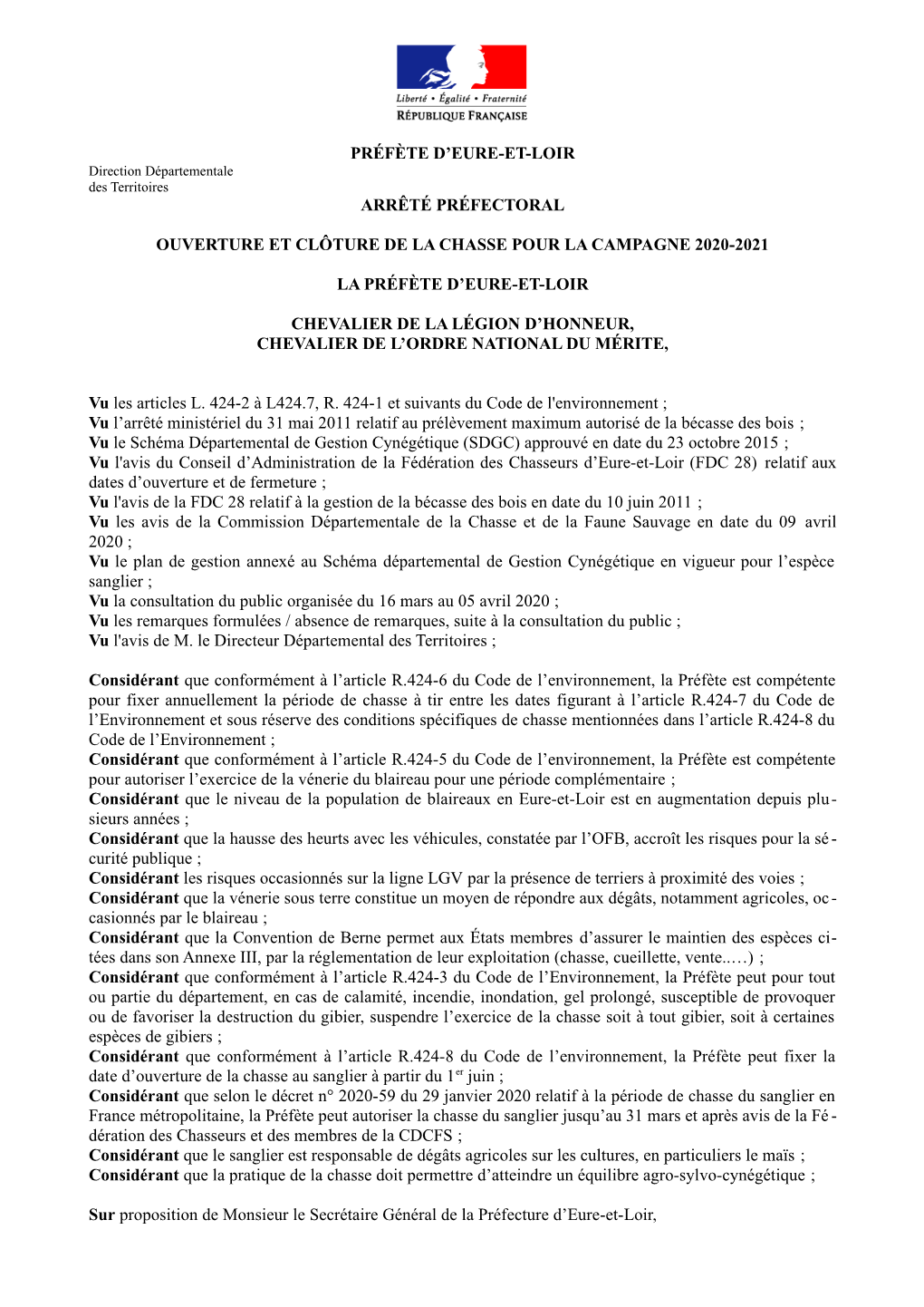 Préfète D'eure-Et-Loir Arrêté Préfectoral Ouverture Et