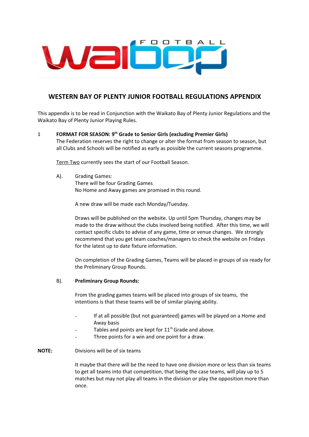 Western Bay of Plenty Junior Football Regulations Appendix