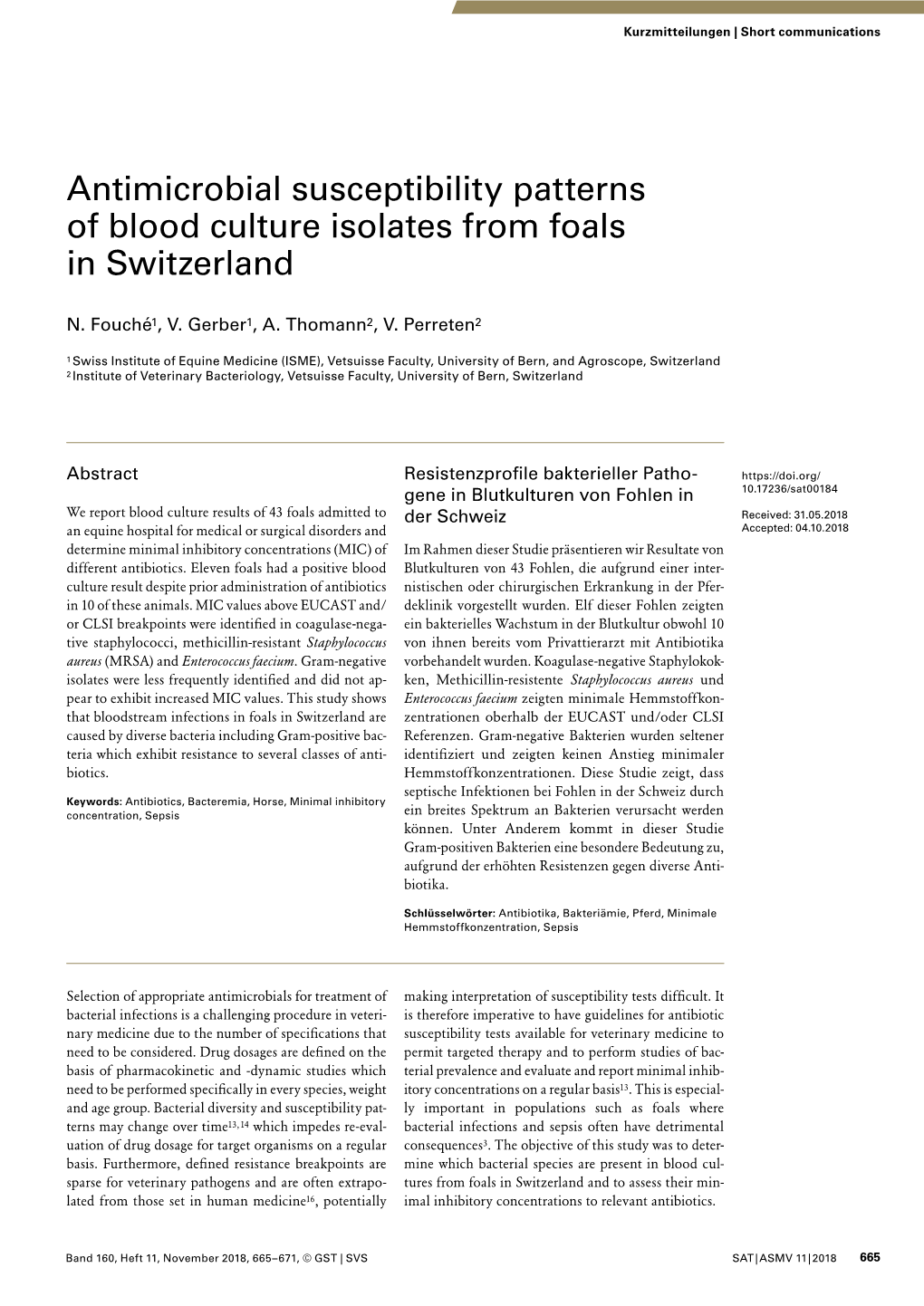 Antimicrobial Susceptibility Patterns of Blood Culture Isolates from Foals in Switzerland
