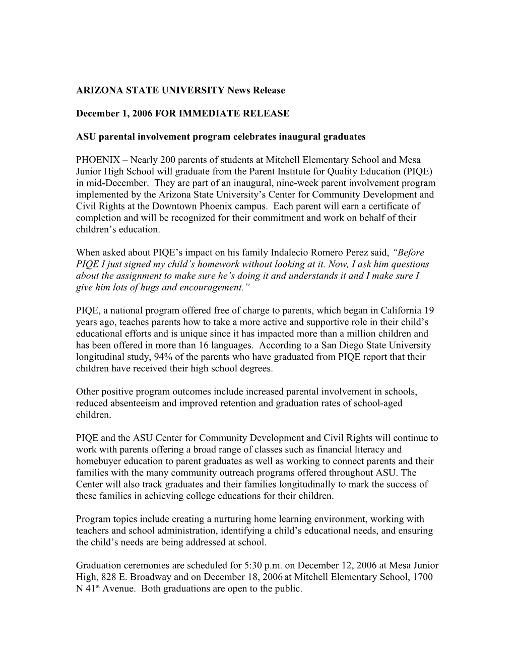 ASU News Release Template