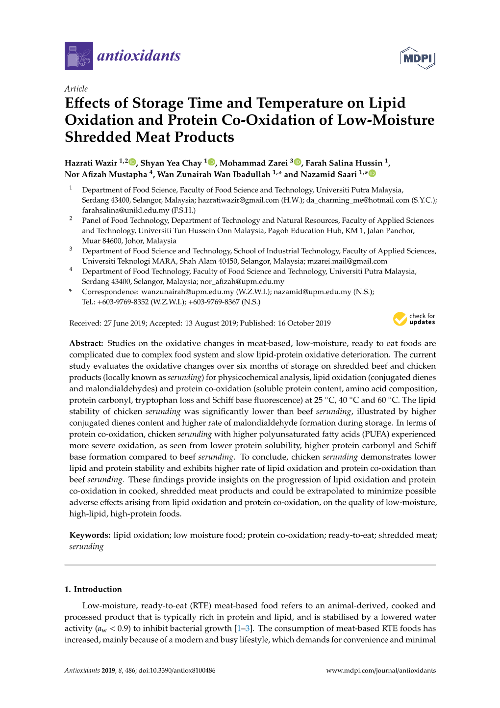 Effects of Storage Time and Temperature on Lipid Oxidation