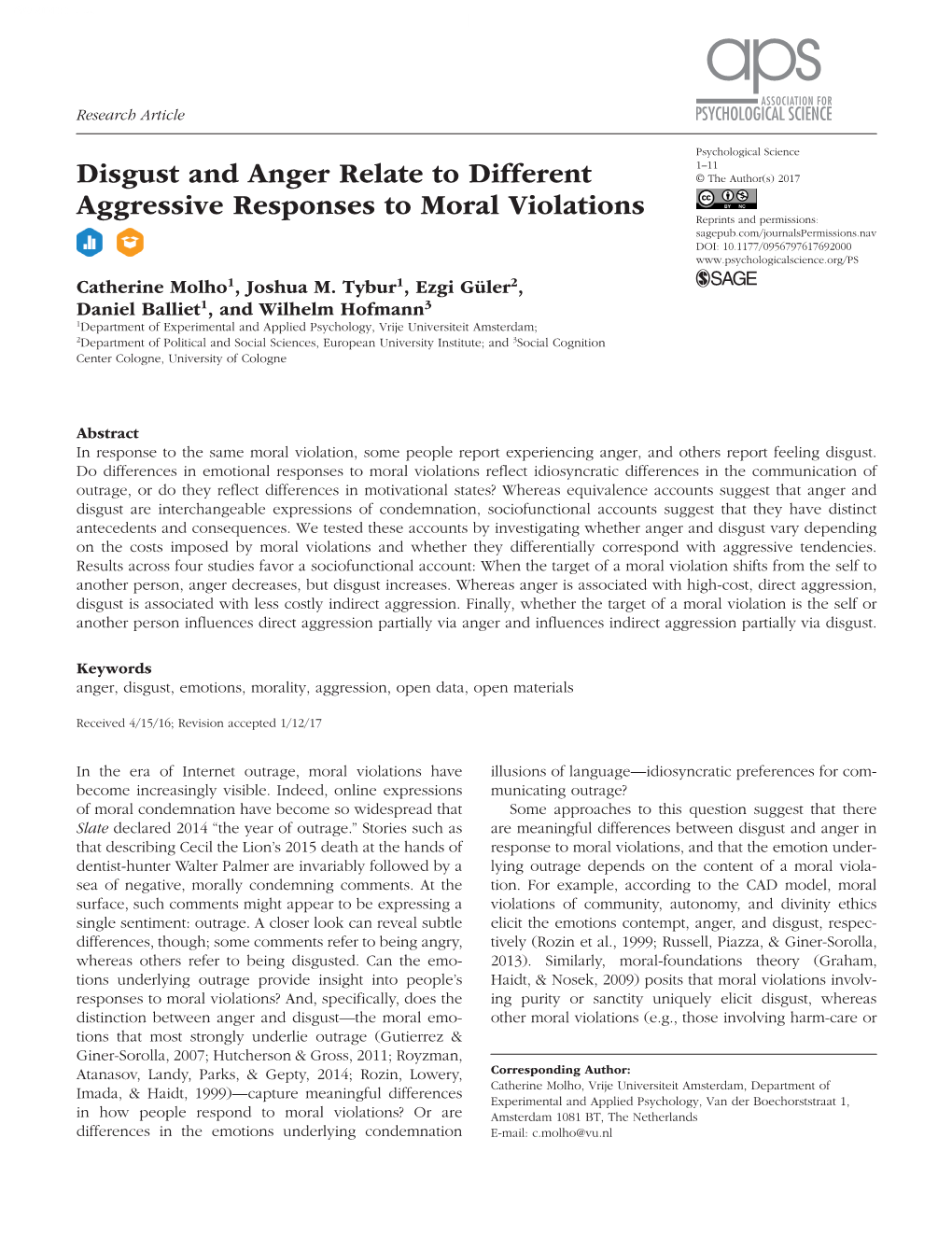 Disgust and Anger Relate to Different Aggressive Responses to Moral