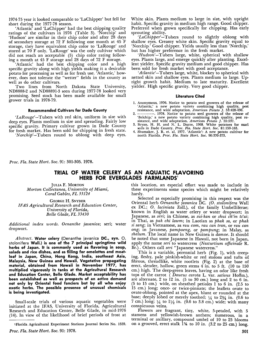 Trial of Water Celery As an Aquatic Flavoring Herb for Everglades Farmlands1