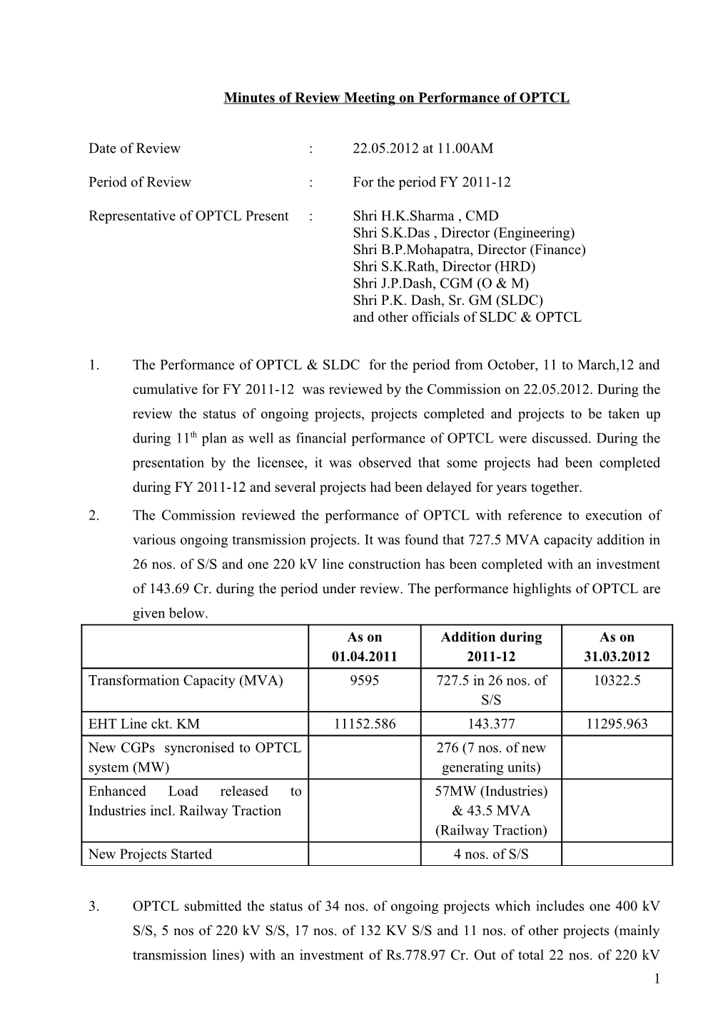 Minutes of Review Meeting on Performance of OPTCL