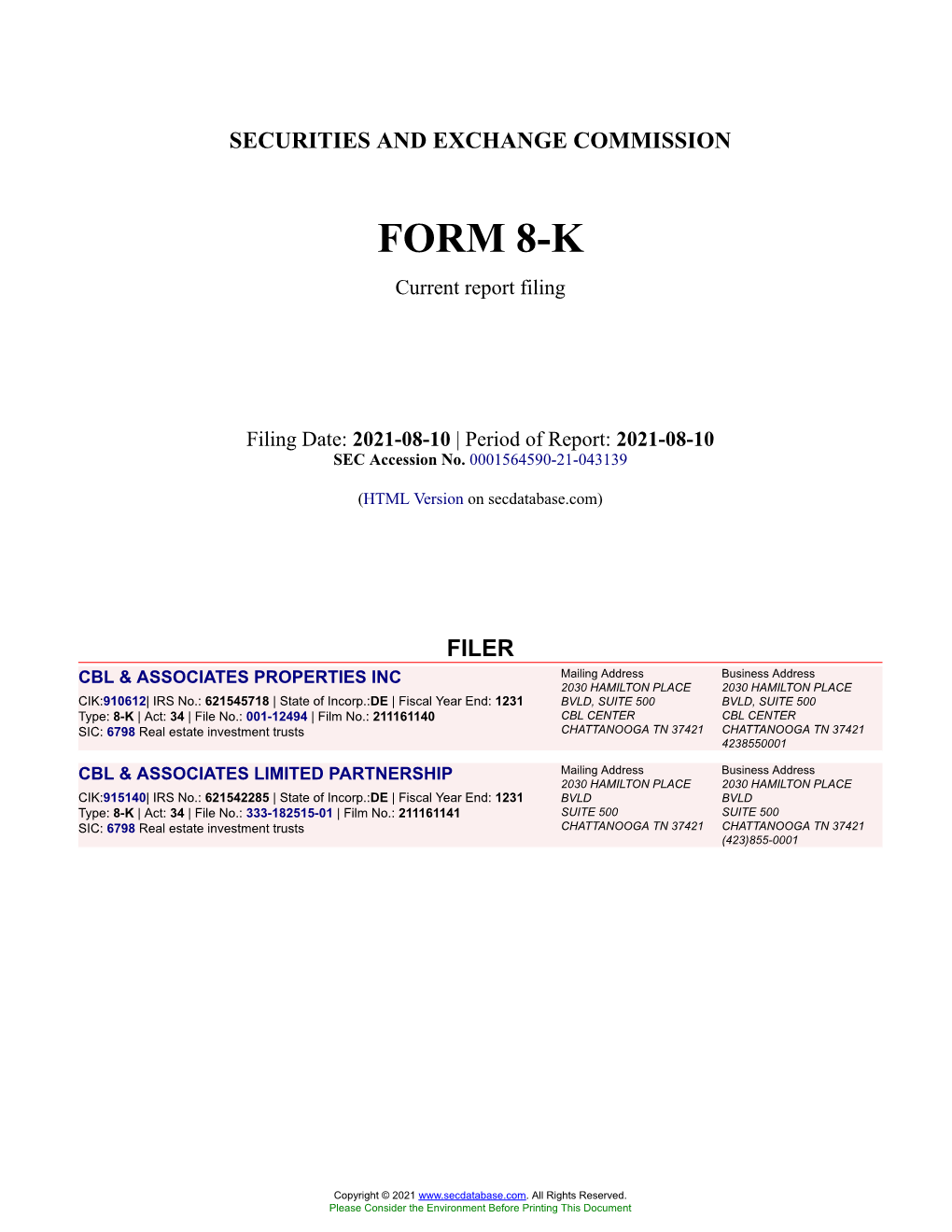 CBL & ASSOCIATES PROPERTIES INC Form 8-K Current Event Report