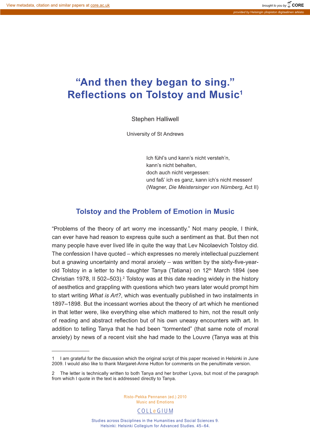 “And Then They Began to Sing.” Reflections on Tolstoy and Music1