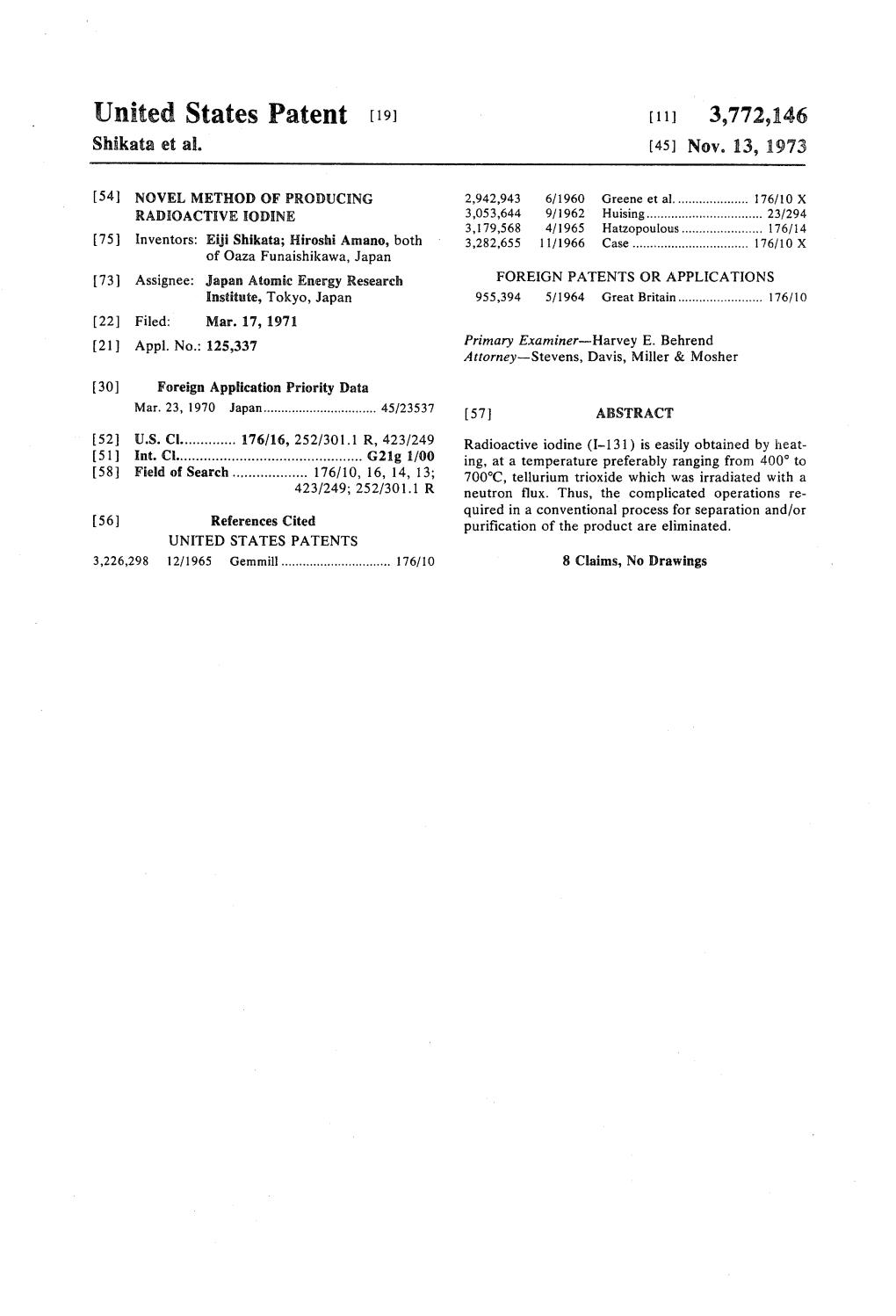 United States Patent (19) (11 3,772,146 Shikata Et Al