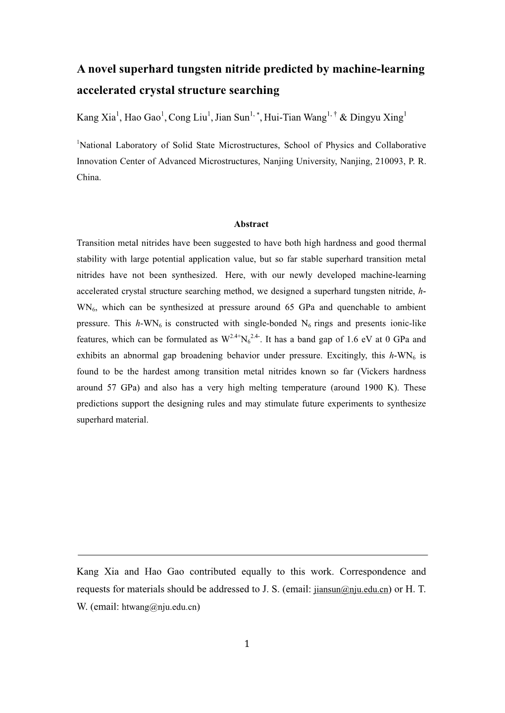 A Novel Superhard Tungsten Nitride Predicted by Machine-Learning Accelerated Crystal Structure Searching