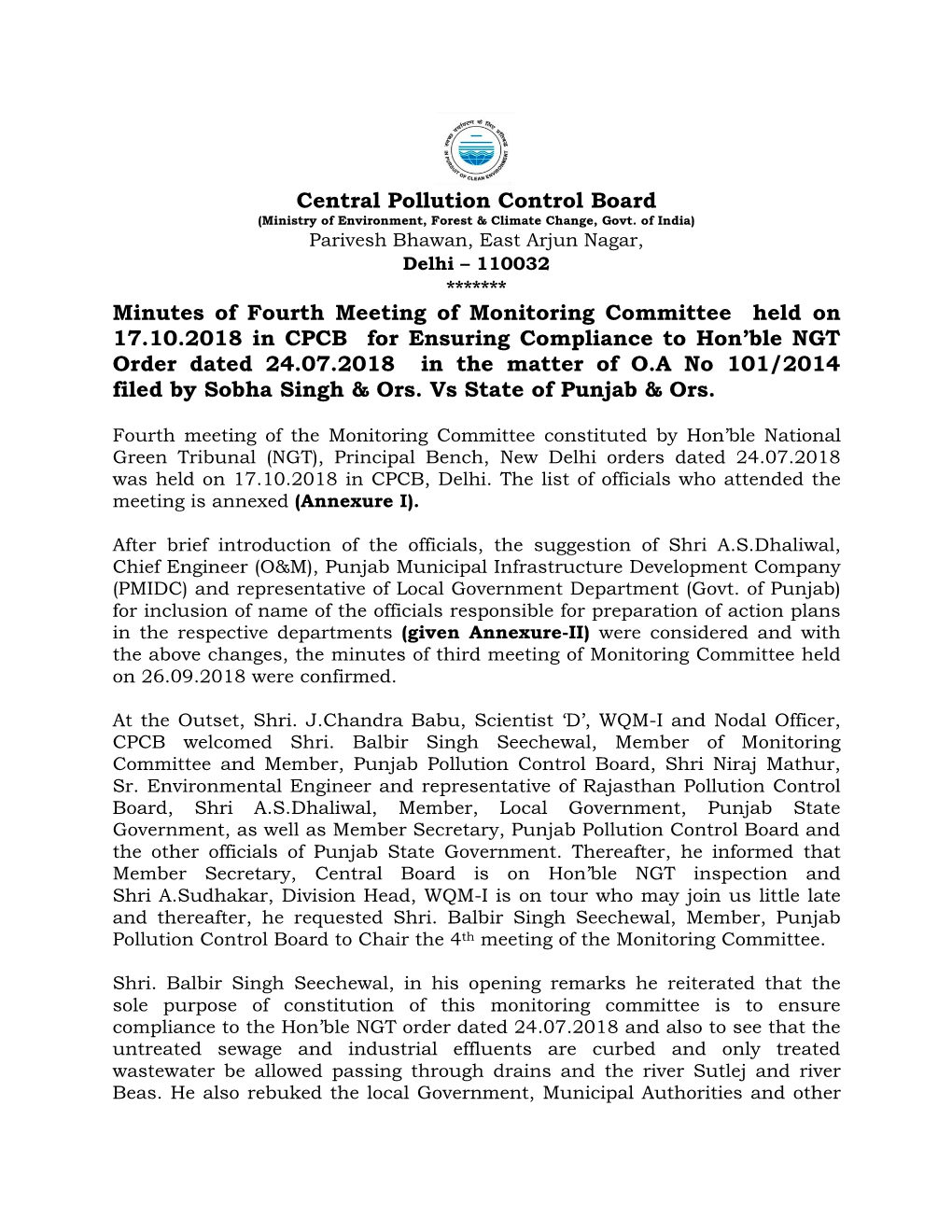 Central Pollution Control Board Minutes of Fourth Meeting Of