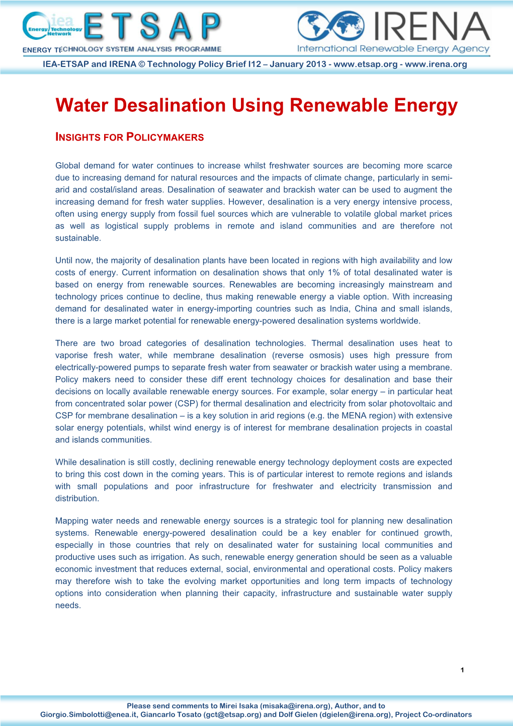 Water Desalination Using Renewable Energy