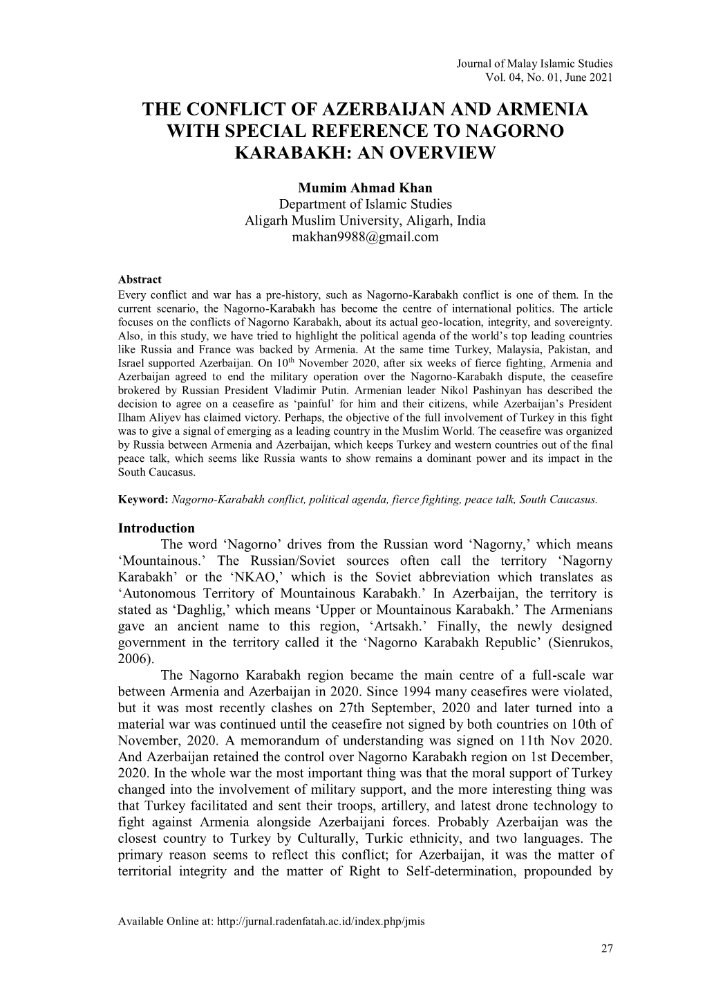 The Conflict of Azerbaijan and Armenia with Special Reference to Nagorno Karabakh: an Overview