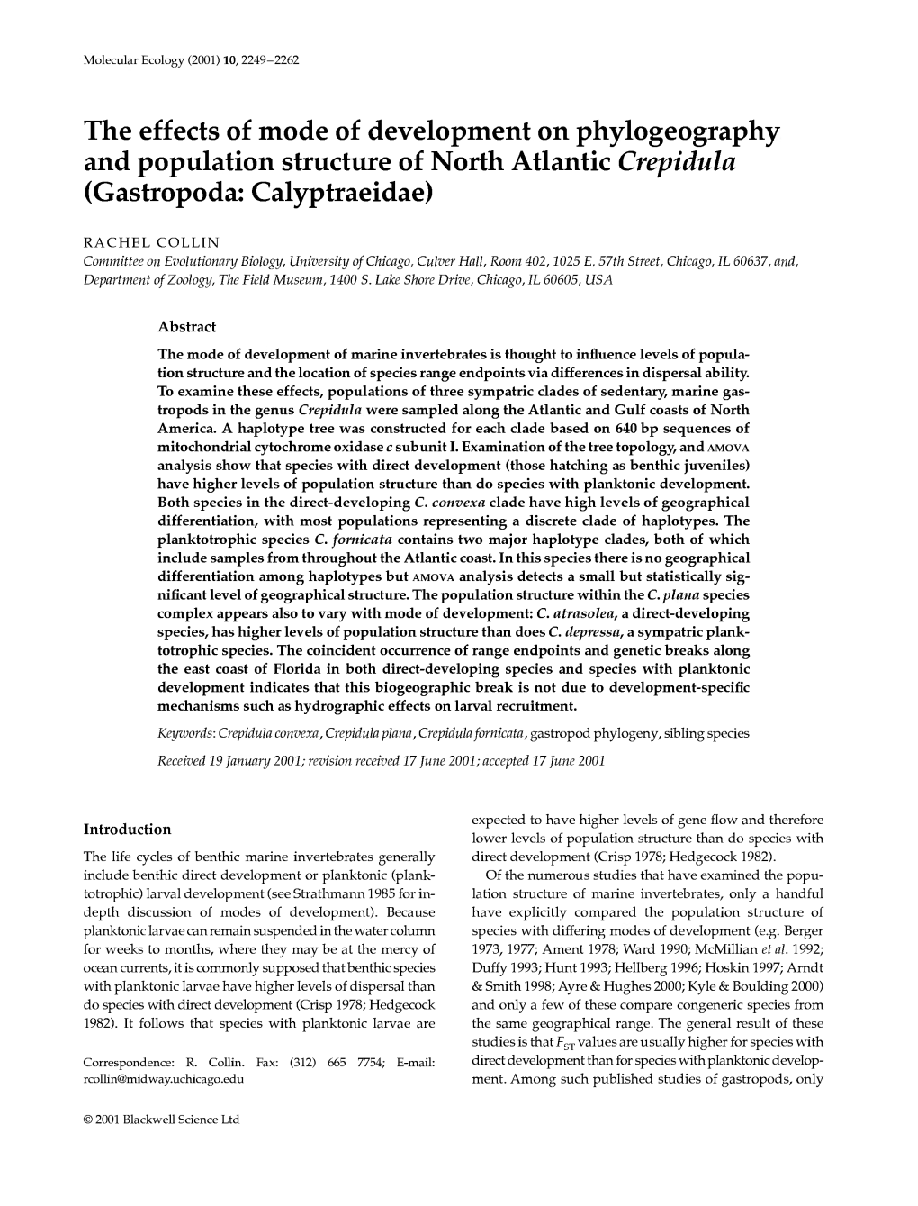 The Effects of Mode of Development on Phylogeography and Population Structure of North Atlantic Crepidula (Gastropoda: Calyptraeidae)