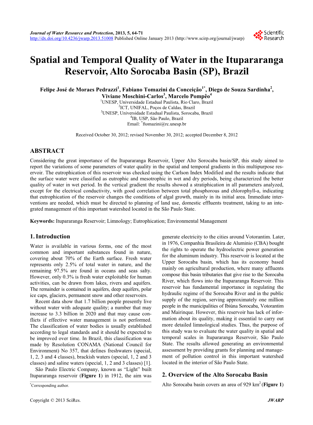 Spatial and Temporal Quality of Water in the Itupararanga Reservoir, Alto Sorocaba Basin (SP), Brazil