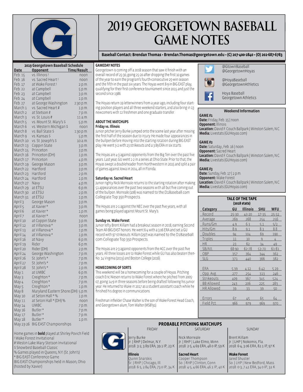 2019 Georgetown Baseball Game Notes